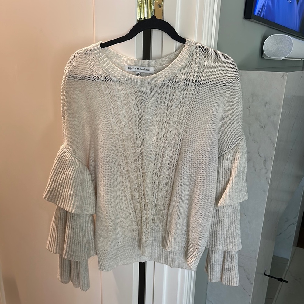 cupcakes & cashmere Cream Crew Neck Sweater with Ruffle Sleeves
